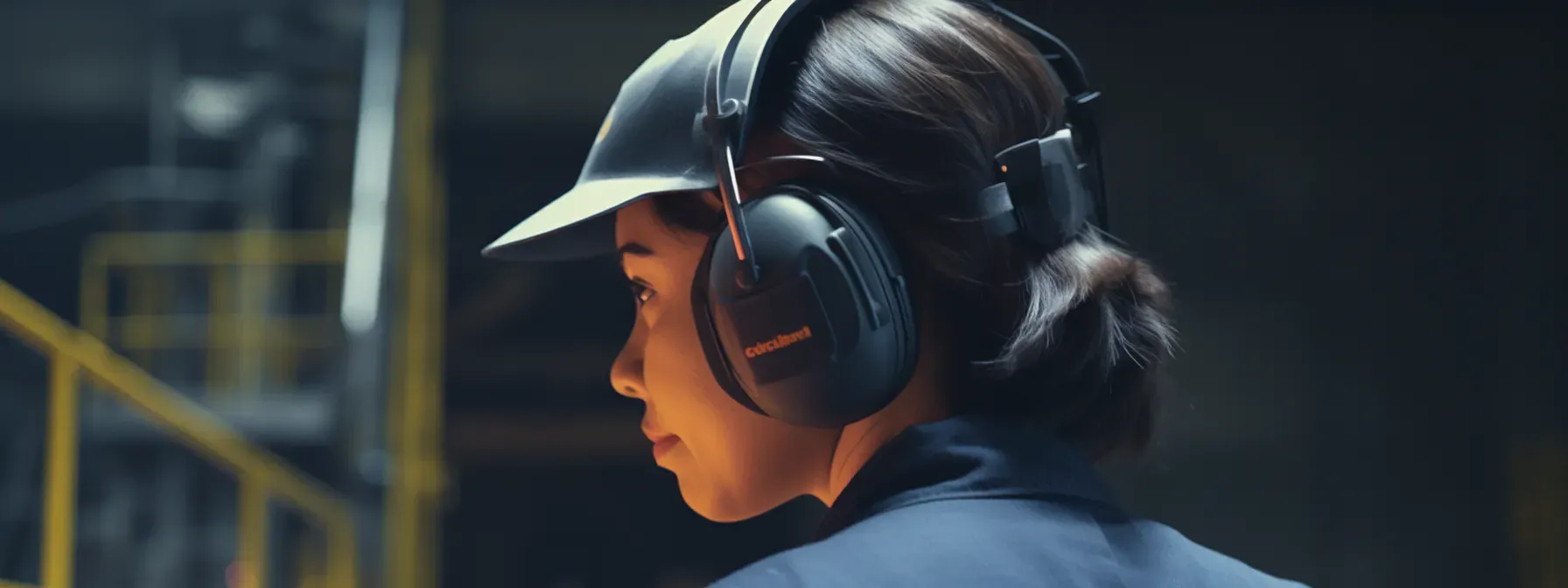 Person wearing protective earmuffs in a factory examining noise control equipment.