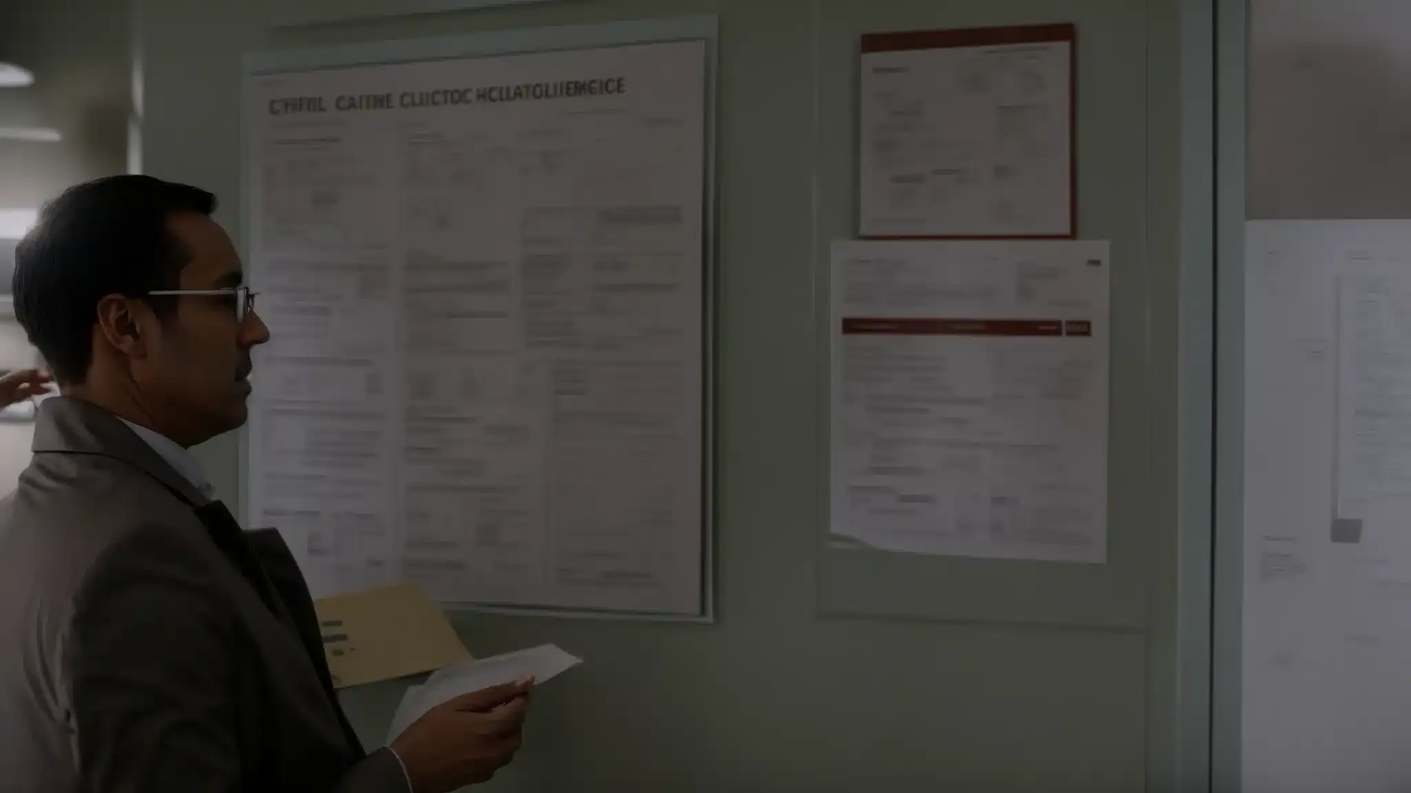 A doctor reviews a medical chart in a clinic with various health and safety posters on the wall.